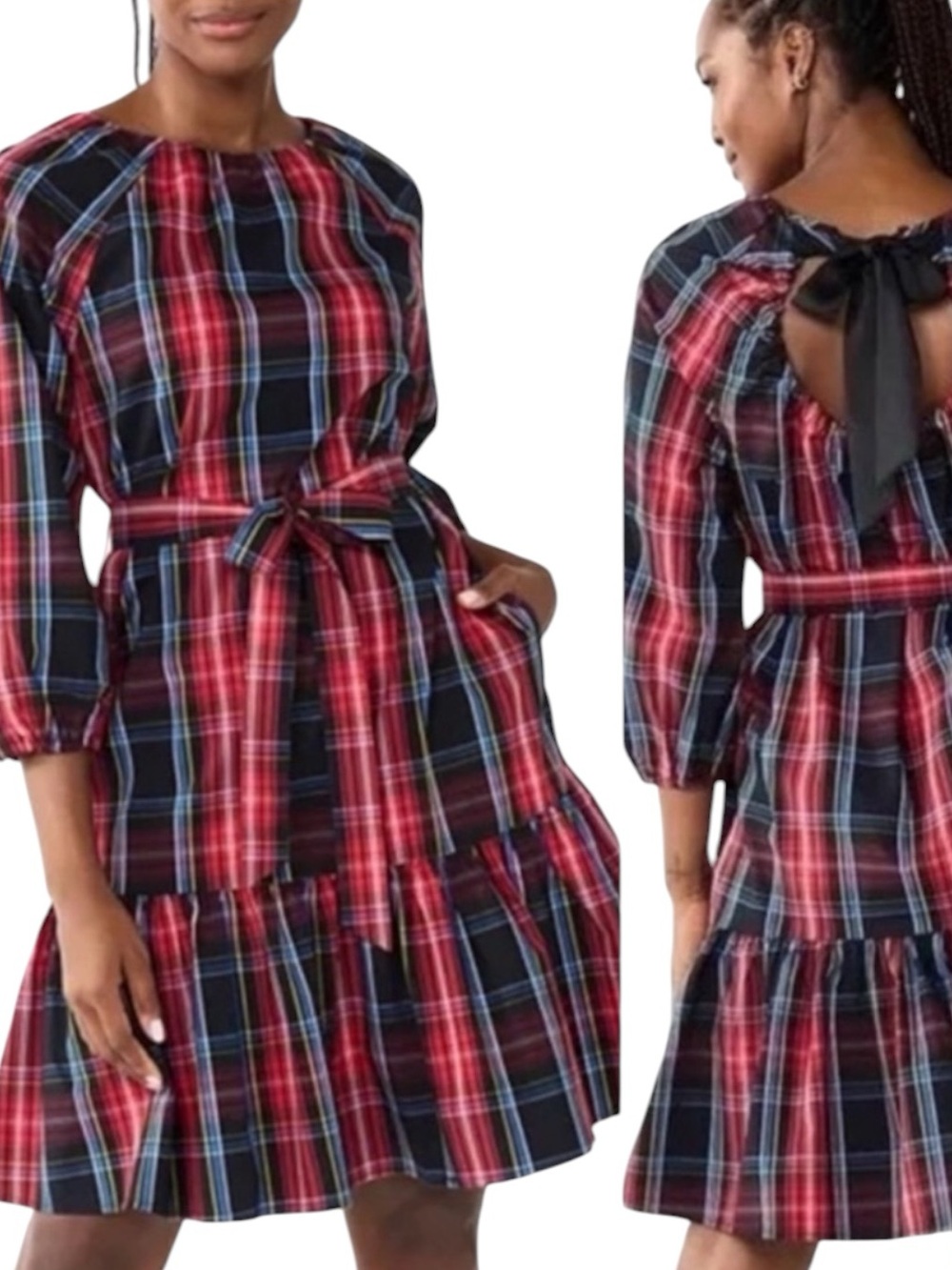 DRAPER JAMES Holiday Tartan Plaid Tie-Back Tiered Dress in Red/Black Size Large